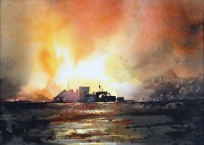 Brand i pirathamnen, akvarell 34x24cm