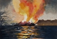 Brand i pirathamnen, akvarell 19x13cm