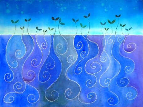 Rötter i det blå, akvarell 76x57cm