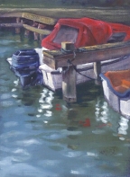 Båt med rött kapell, olja på duk 24x32cm