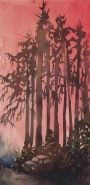 Sommarnatt i skogen, akvarell 15x31cm