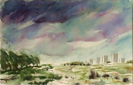 Storm över Årsta, akvarell 53x34